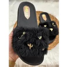 Chinelo Slide Pantufa De Pelo Preto Branco Feminina Numero Especial Inverno Pelinho Pelucia Presente