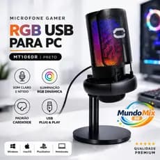 Microfone Gamer RGB USB Condensador Profissional PC Streaming Podcast MT-1060R Alta Qualidade