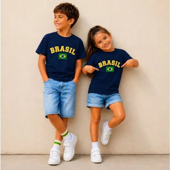 Camiseta Infantil Brasil Bandeira Futebol Copa Menino e Menina 2 ao 16