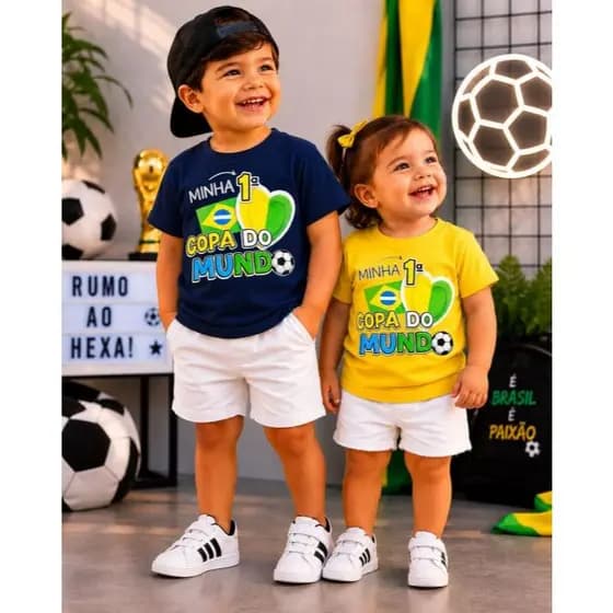 Camiseta Infantil Brasil Minha Primeira Copa do Mundo Futebol Menino e Menina 2 ao 16