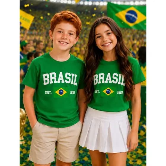 Camiseta Infantil Juvenil Unissex Copa do Mundo Seleção Brasileira 100% Algodão Premium