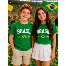 Camiseta Infantil Juvenil Unissex Copa do Mundo Seleção Brasileira 100% Algodão Premium