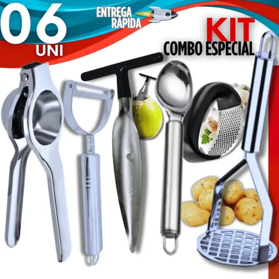Kit Especial Amassador de Batata, Amassador de Alho, Colher Sorvete, Furador de Coco, Espremedor de Limão, Descascador