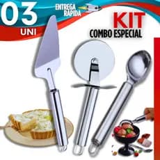 Combo Especial - Espátula para Bolo Torta + Colher Para Sorvete + Cortador de Pizza Massas Inox