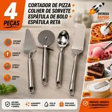 Espátula para Bolo + Colher Para Sorvete + Cortador de Pizza + Espátula Reta Aço Inox Premium Casa