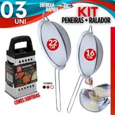 Kit Ralador Peneiras Inox Coador Fatiador 4 Faces + Peneiras 22 cm + 16 cm Utensílios Cozinha