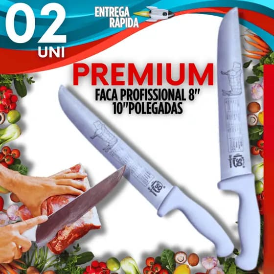 Kit 1 ou 2 Facas Aço Inox 10' e 8' Açougue Churrasco e Cozinha Cabo Branco Faca Para Churrasco Top