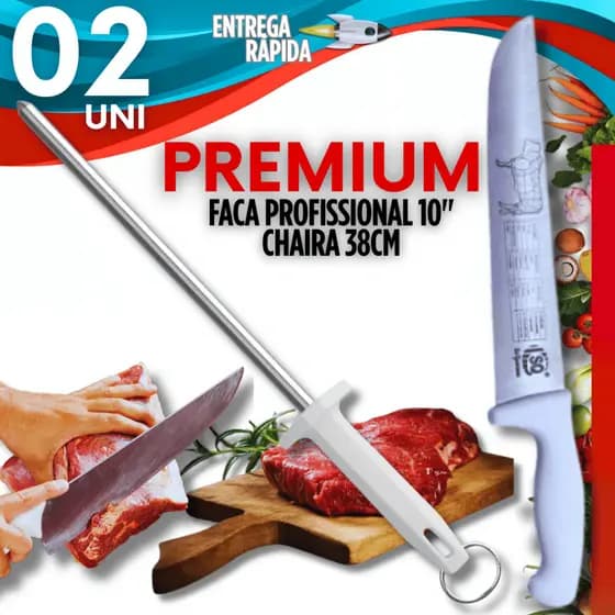 Kit Faca Carne Aço Inox 10 Polegadas 38cm Carnes Legumes Cozinha Profissional + Chaira Amolador 10"