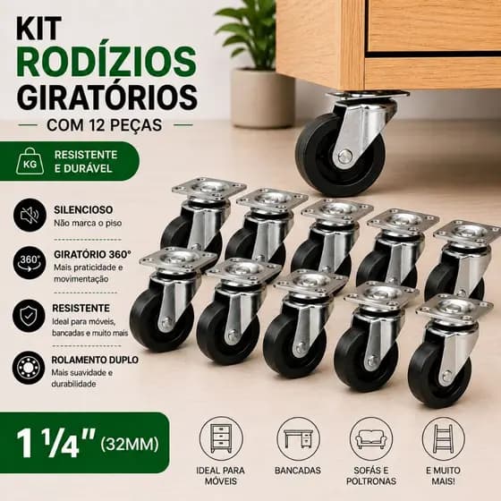 Kit 12 ou 16 ou 20 Rodinhas Giratórias 32mm 1.4 Resistente Rodizio Para Móveis Estantes Bancadas