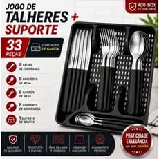 Jogo de Talheres 33 Peças Aço Inox Preto ou Vermelho Kit Com Suporte Para Gaveta Talher Faqueiro