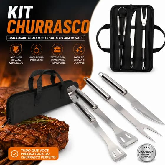 Kit Churrasco Em Aço Inox Com Estojo Maleta – 4 Peças Professional