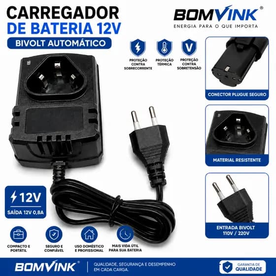 Carregador Bateria 12V Bivolt Para Parafusadeira Fonte 12V 0.8A BOMVINK