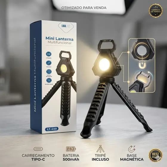 Mini Lanterna Led COB Recarregável Forte Imã Com Tripé Usb