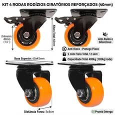 Kit 4 Rodinhas Rodízio Giratório 40mm Com Trava Silicone Anti-risco Para Móveis Carga Pesada 100kg
