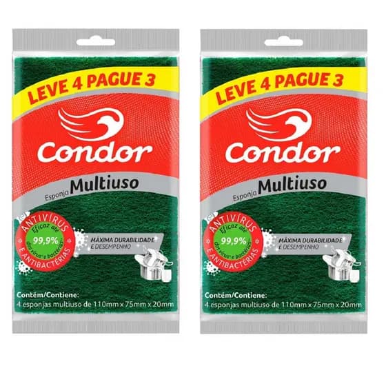 Kit 8 Bucha Esponja Dupla Face Multiuso Para Lavar Louça - Condor (02 pacotes - 04 unidades)