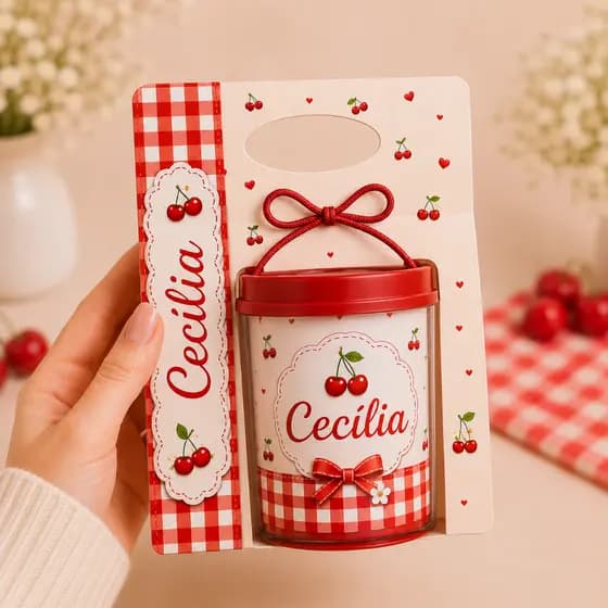 Embalagem + Rótulo para Caneca Rosqueável Personalizada | Tema Cerejinha