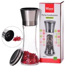 PORTA TEMPERO / MOEDOR DE VIDRO COM TAMPA DE INOX 180ML 19X6,5CM DE Ø NA CAIXA