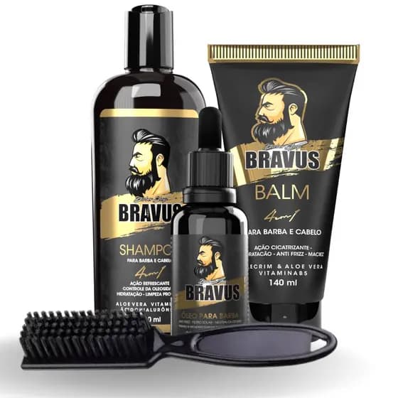 Kit Para Barba BRAVUS Shampoo/balm/óleo/Escova para barba