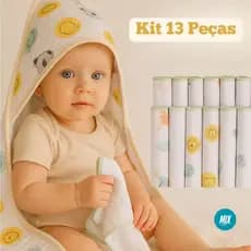 Kit Completo com 13 Peças Bebê - 1 Toalha de Banho + 12 Paninhos de Boca Macio Menina e Menino
