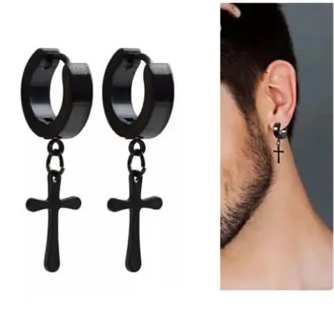 Brinco argola crucifixo prata e preto masculino feminino Aço inox