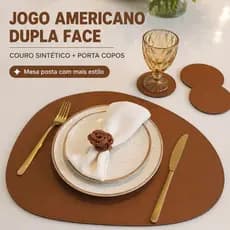 Jogo Americano em Couro Sintético Dupla Face Sousplat Mesa Posta Cozinha + Porta Copos