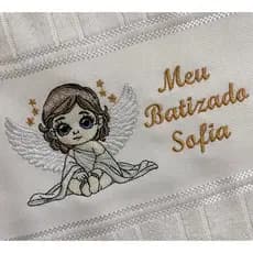 toalha bordado personalizada com nome batismo batizado anjinho