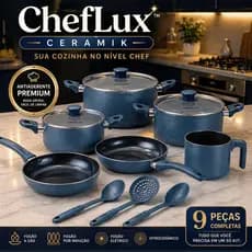 Jogo de Panelas Antiaderente 9 Peças Cerâmica Azul ChefLux Ceramik™ Completo Todos Fogões Premium