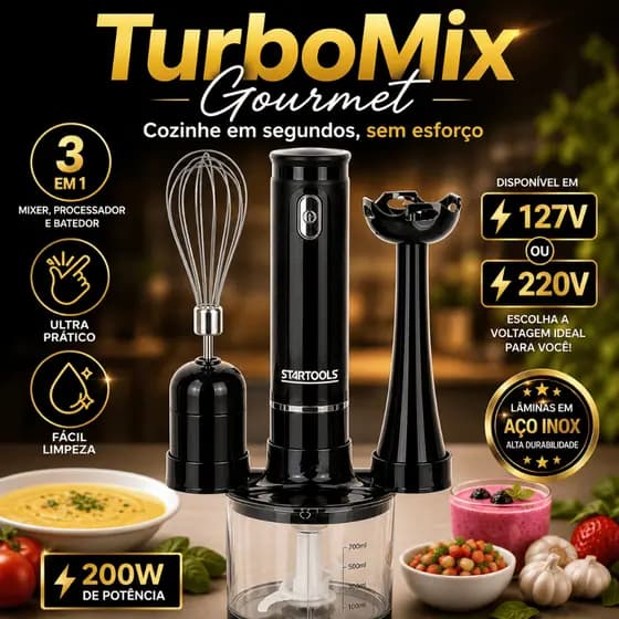TurboMix Gourmet 3 em 1 Processador e Batedor Elétrico Portátil 200W Copo 700ml  127V ou 220V - Sortida(branco/preto)