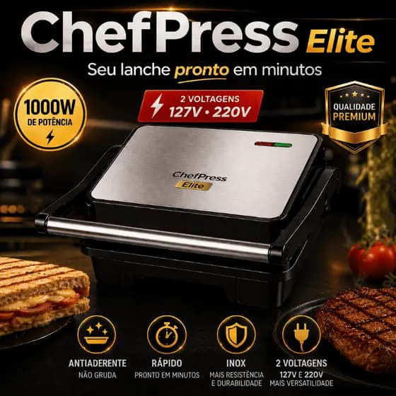 Sanduicheira Grill Elétrica 1000W Inox Antiaderente ChefPress Elite Rápida Compacta 127V ou 220V