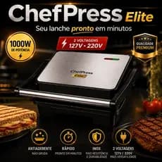 Sanduicheira Grill Elétrica 1000W Inox Antiaderente ChefPress Elite Rápida Compacta 127V ou 220V