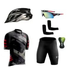 Conjunto Ciclismo Camisa C/ Proteção UV e Bermuda + Capacete Ciclismo C/ Luz Led + Óculos Esportivo + Par de Manguitos