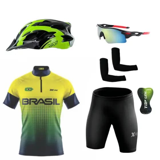 Conjunto Ciclismo Camisa Proteção UV Bermuda em Gel + Capacete Ciclismo + Óculos Esportivo+Manguitos