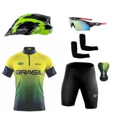 Conjunto Ciclismo Camisa Proteção UV Bermuda em Gel + Capacete Ciclismo + Óculos Esportivo+Manguitos