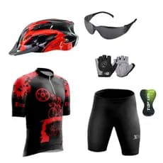 Conjunto Ciclismo Camisa Bermuda Proteção UV + Capacete Ciclismo Luz Led + Luvas + Óculos Esportivo