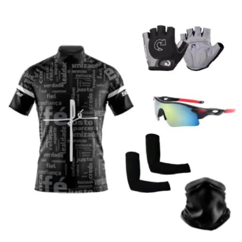 Camisa Ciclismo MTB C/ Proteção UV + Luvas Ciclismo + Óculos Esportivo + Par de Manguitos + Bandana