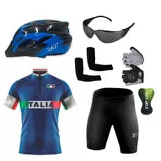 Conjunto Ciclismo Camisa C/ Proteção UV e Bermuda + Capacete Ciclismo C/ Luz Led + Luvas + Óculos de Proteção +Manguitos