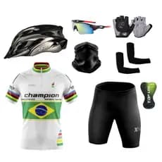 Kit Ciclismo Conjunto Camisa C/ Proteção UV e Bermuda + Capacete de Ciclismo + Luvas + Óculos + Manguitos + Bandana
