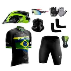 Kit de Ciclismo - Conjunto Camisa e Bermuda C/ Proteção UV + Capacete de Ciclismo + Luvas + Óculos + Manguitos + Bandana