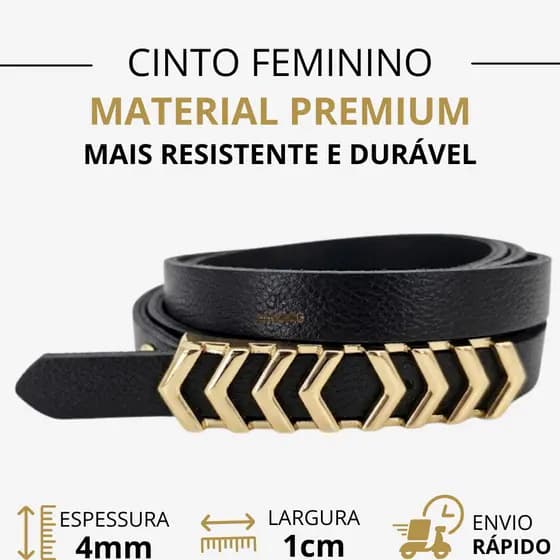 Cinto Feminino Fino 1cm Fivela Dourada em Elos Elegante Cintura e Quadril do PP ao Plus Size