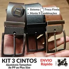 Kit 3 Cintos Masculino Social 3.35cm do PP ao Plus Size Ajustavel Troca Fivela