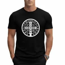 Camiseta Masculina São Bento, Camisa Medalha de São Bento Católica Preta Unissex Algodão Confortável