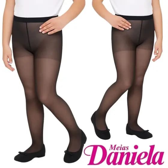 Kit 2 Meia Calça Infantil Fio 20 Garotinha Daniela Preto Bege Rosa e Branco