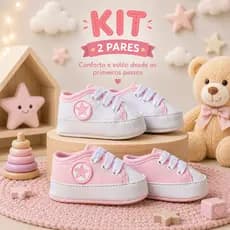 sapatinho de Bebê Kit 2 pares tênis confortável para dia a dia creche passeio festa fotos Menina