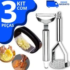 Kit 3 Peças Descascador de Legumes Amassador de Batatas Espremedor de Alho em Aço Inox