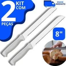 Kit 2 Faca de Pão 8" Em Lâmina De Aço Inox Cabo Plástico Branco Serrada Grande 32,8cm