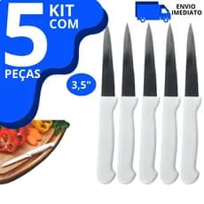 Kit 5 Faca Peixeira Inox 3,5" Cabo Branco Para Frutas, Legumes, Alimentos e Corte Preciso na Cozinha