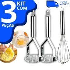 Kit 3 Peças 2 Amassador Espremedor de Batatas e 1 Batedor De Ovos Massas Fouet em Aço Inox 30cm