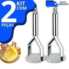 Kit 02 Amassador Espremedor de Batatas e Legumes Purê em Aço Inox Redondo com Cabo Reforçado