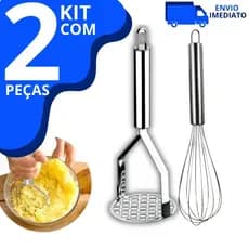 Kit 2 Peças Amassador Espremedor de Batatas e Batedor De Ovos Massas Fouet em Aço Inox Reforçado