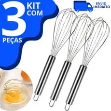 Kit 3 Batedor De Ovos E Massas Fouet Profissional Em Aço Inox Mixer Manual 30cm